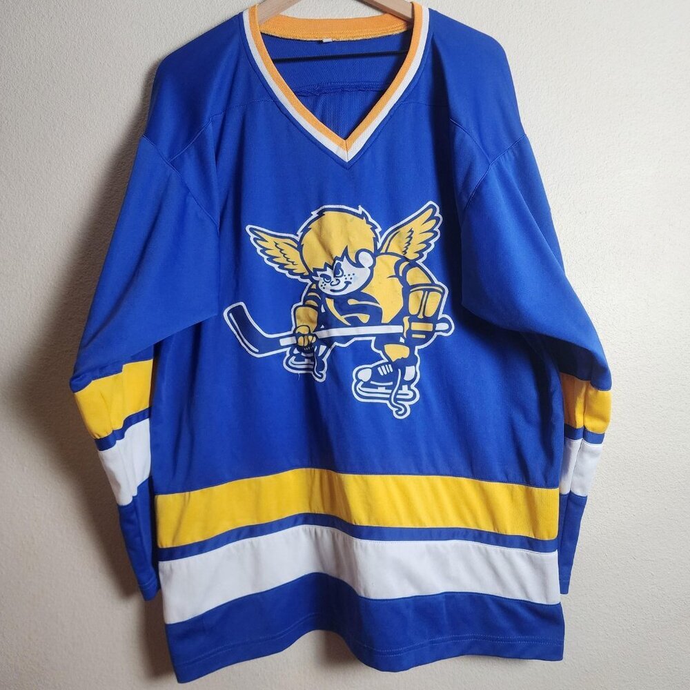 Minnesota Fighting Saints Mens XL WHA Throwback Hockey Jersey Blue Mark 24